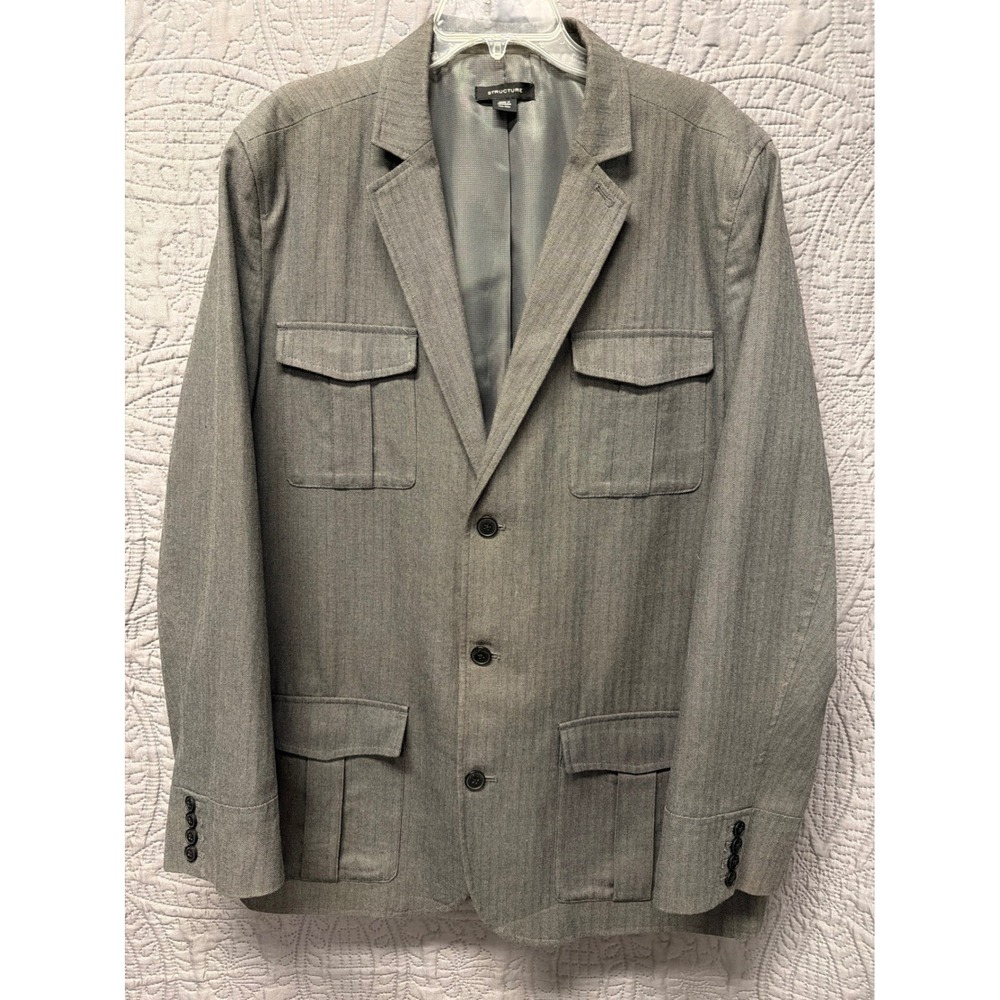Structure Mens Grey Herringbone Field Jacket Blazer 3-Button XXL Safari Coat